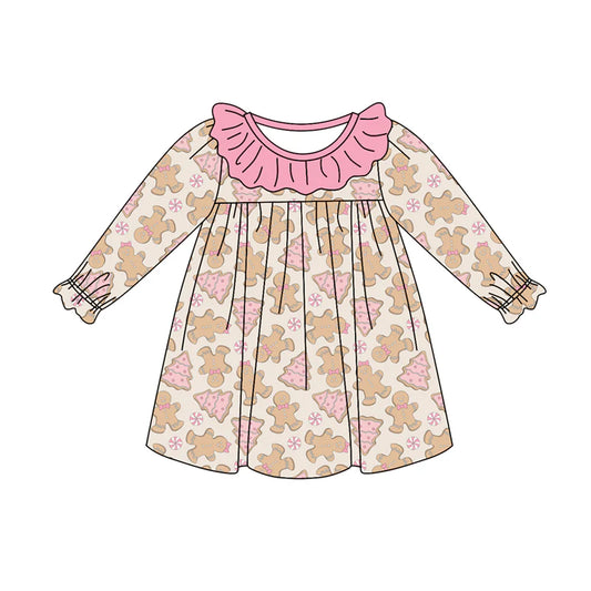 7.11Preorder (moq 5)Baby Girls Long Sleeves Pink Gingerbread Trees Plaid Knee Length Dresses
