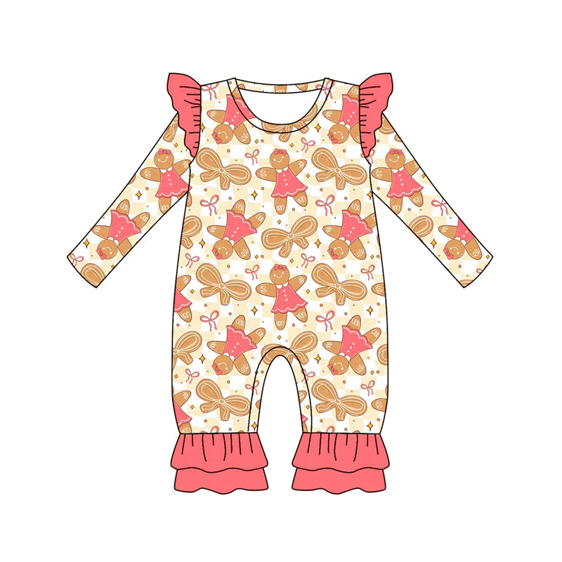 7.14Preorder (moq 5)Baby Girls Long Sleeves Peach Bows Gingerbread Plaid Ruffle Pants Romper