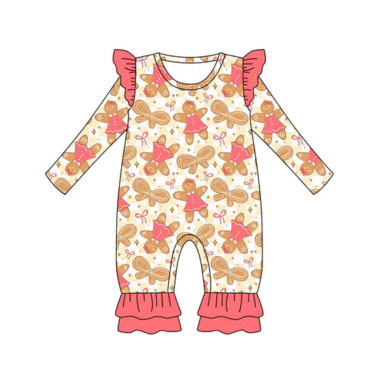7.14Preorder (moq 5)Baby Girls Long Sleeves Peach Bows Gingerbread Plaid Ruffle Pants Romper