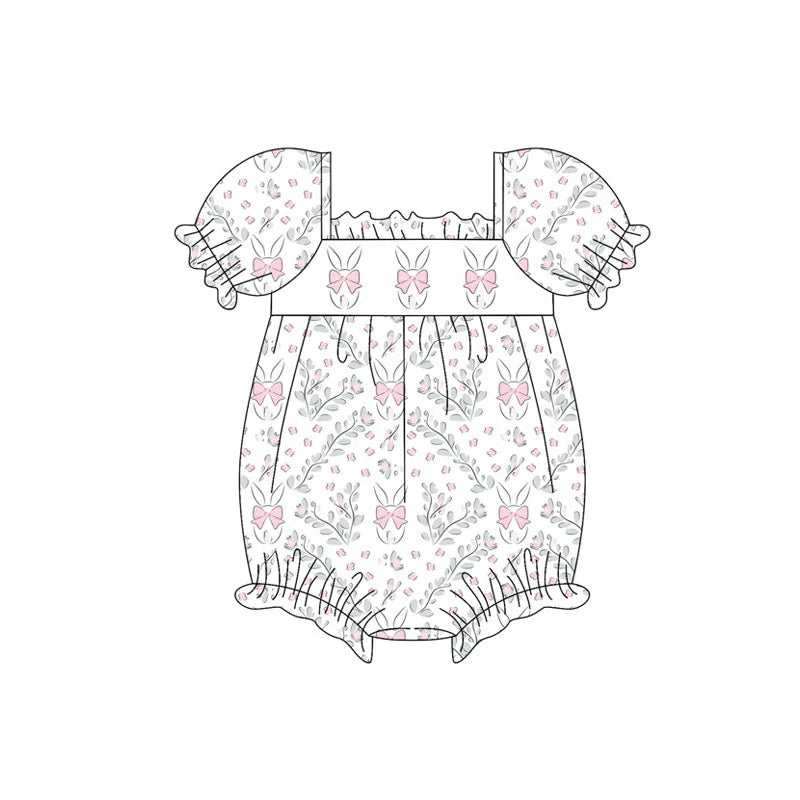 X922Preorder (moq 5)Baby Girls Pink Flowers Rabbits Easter Ruffle Footie Rompers