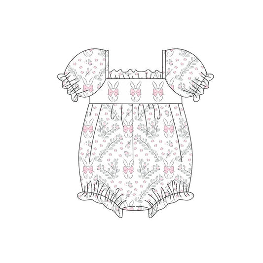 X922Preorder (moq 5)Baby Girls Pink Flowers Rabbits Easter Ruffle Footie Rompers