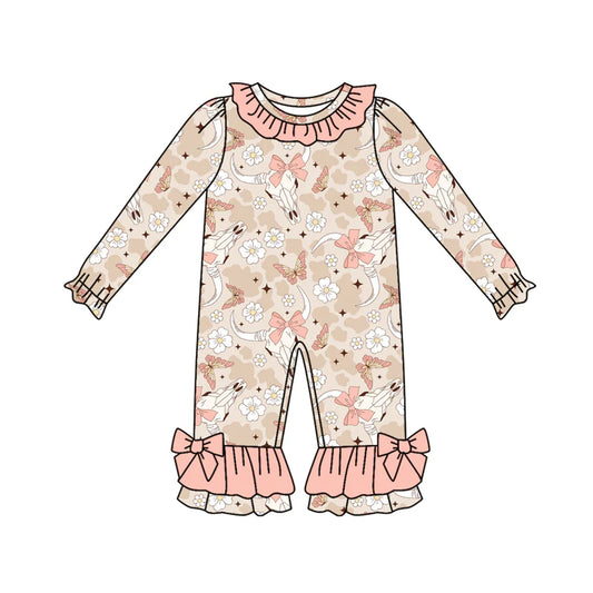 8.2Preorder(moq 5)Baby Infant Girls Peach Camo Bull Skull Flowers Ruffle Pant Rompers