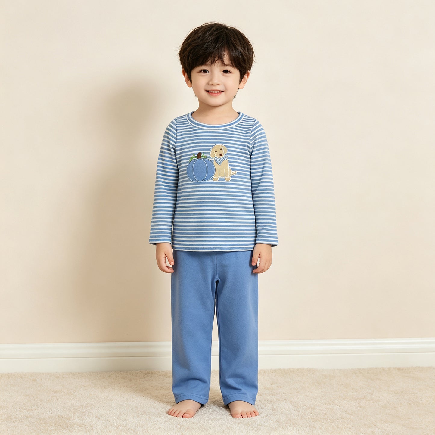 NEW RTS NO MOQ milk silk BLP1500 Embroidery Pumpkin Dogs Baby Boys Blue Stripe Top Pants Fall Clothes Sets