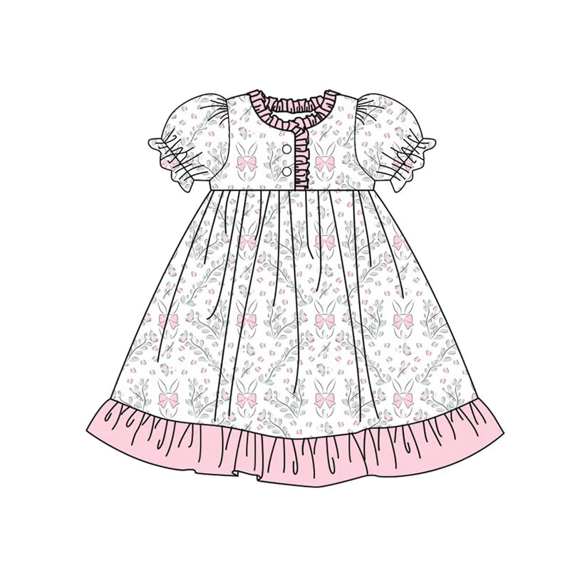 X922Preorder (moq 5)Baby Girls Flowers Rabbits Button Ruffle Easter Knee Length Dresses