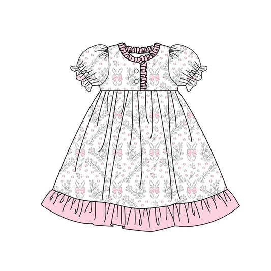 X922Preorder (moq 5)Baby Girls Flowers Rabbits Button Ruffle Easter Knee Length Dresses
