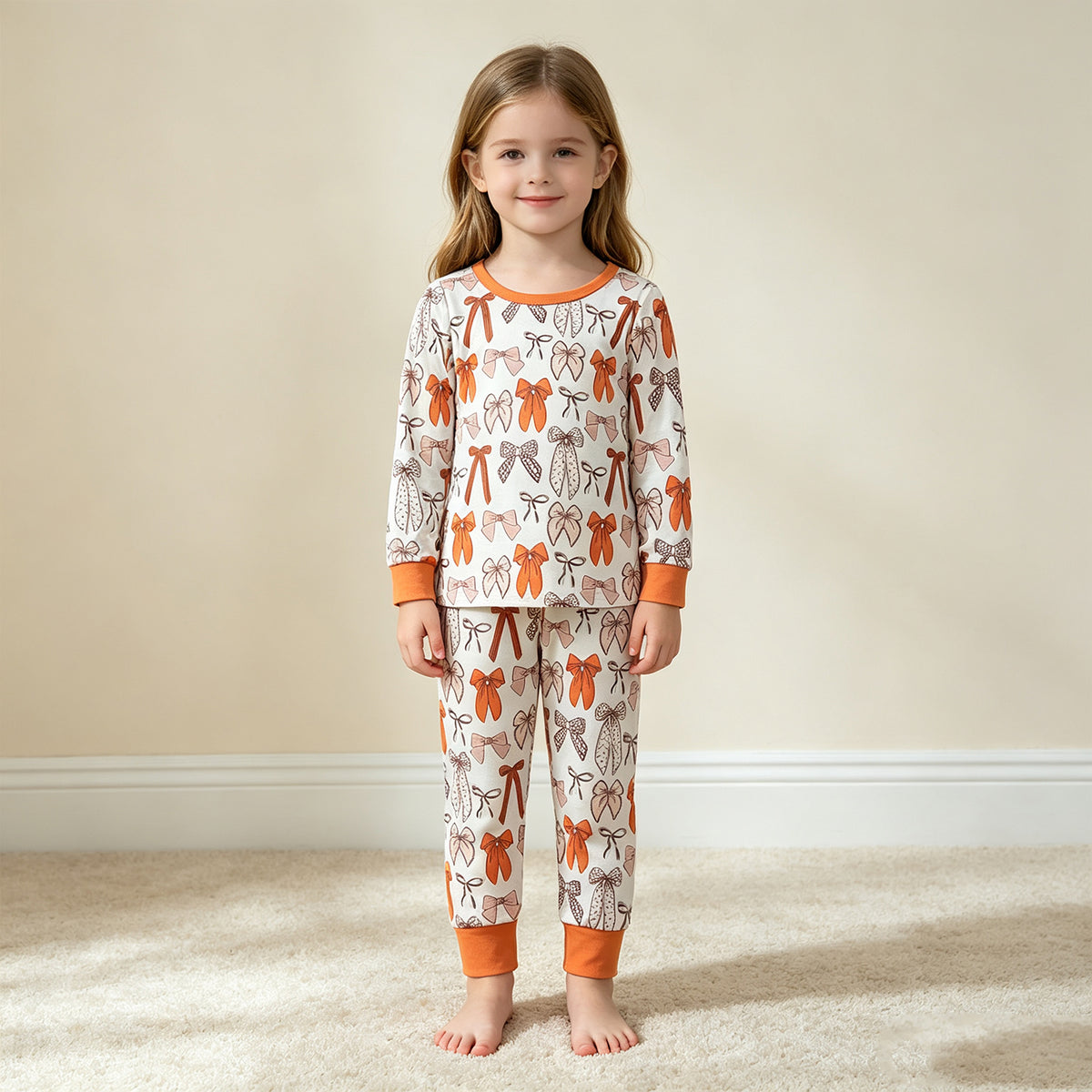 NEW RTS NO MOQ milk silk GLP3531 Baby Girls Long Sleeve Bows Plaid Top Pant Fall Pajamas Sets