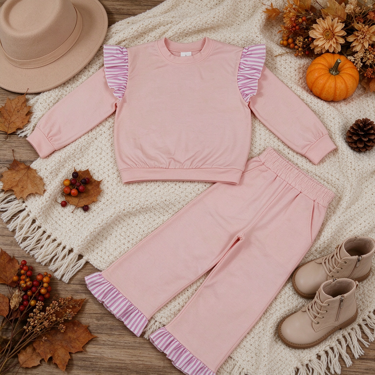 NEW RTS NO MOQ milk silk GLP3702（GT1849+P1151）Baby Girls Light Pink Stripe Flutter Sleeve Top Pockets Ruffle Pant Clothes Set