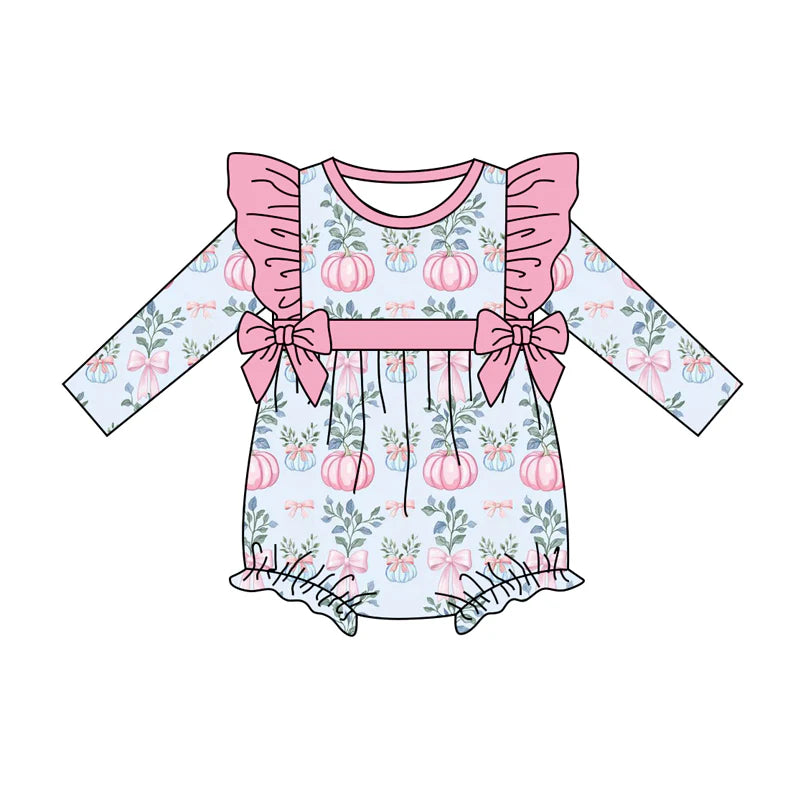 7.14Preorder (moq 5)Baby Girls Long Sleeves Floral Pumpkins Bows Ruffle Romper