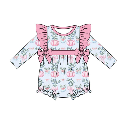 7.14Preorder (moq 5)Baby Girls Long Sleeves Floral Pumpkins Bows Ruffle Romper