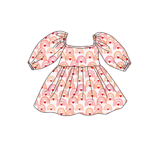 X12.16 Preorder (moq 5)Baby Girls Hearts Rainbows Valentines Knee Length Dresses