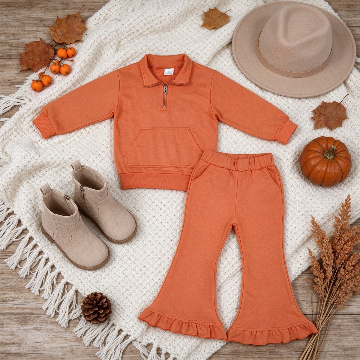 NEW RTS NO MOQ Sweater Fabric （GT1765+P1073） Baby Girls Orange Long Sleeve Sweater Fabric Zip Pockets Pullovers Top pant set（副本）