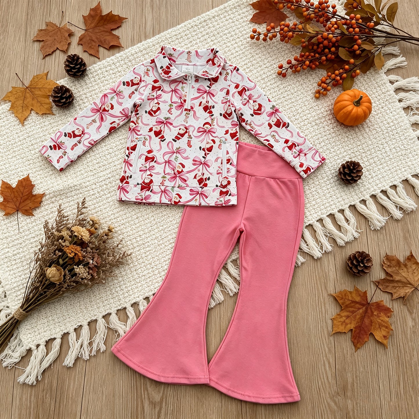 NEW RTS NO MOQ milk silk GLP3508 Baby Girls Bows Santa Zip Pockets Pullovers Flare Pant Christmas Clothes Set