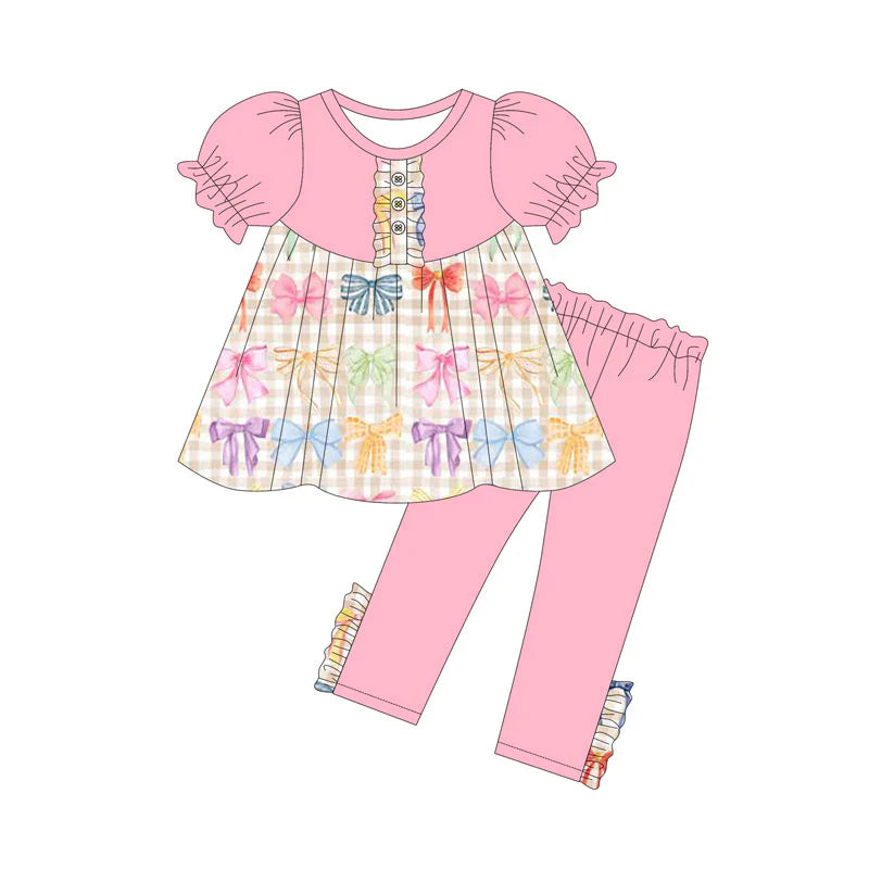 X923Preorder (moq 5)Baby Girls Colorful Bows Checked Button Tunic Legging Pants Clothes Sets