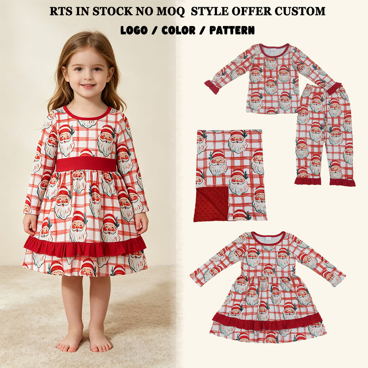 RTS NO MOQ Sibling Baby Girls Red Checked Santa Ruffle Pant Christmas Pajamas Set Dress Blanked