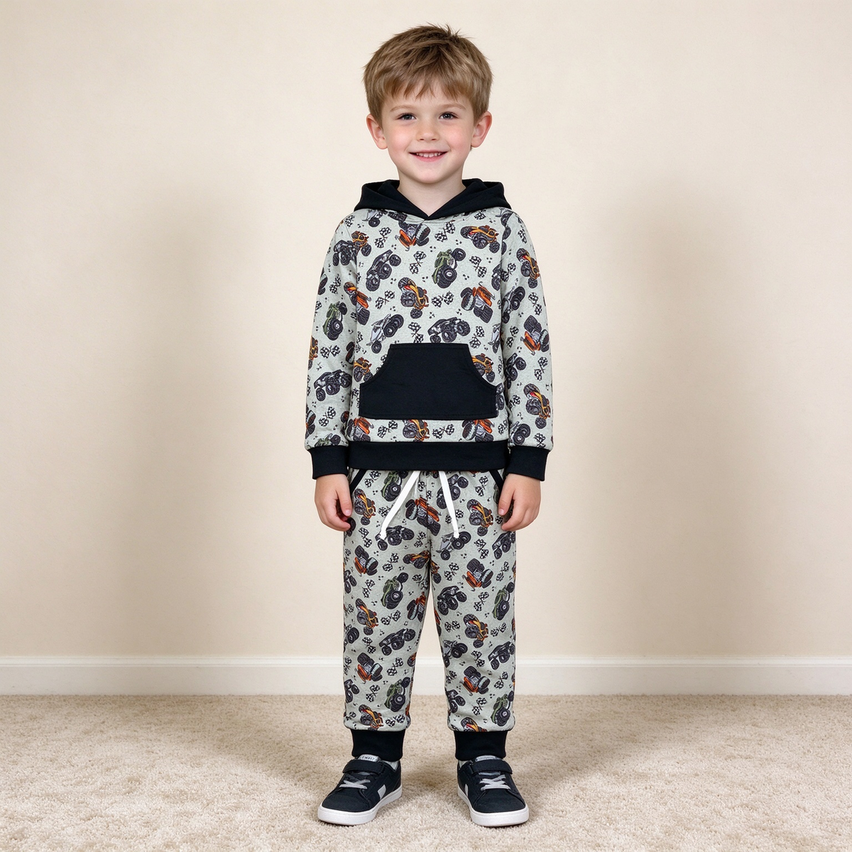 NEW RTS NO MOQ milk silk BLP1511 Baby Boys Flags Motors Pocket Hoodie Jogger Pants Clothes Set