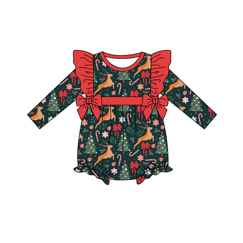 7.14Preorder (moq 5)Baby Girls Long Sleeves Deer Candy Cane Bows Ruffle Romper