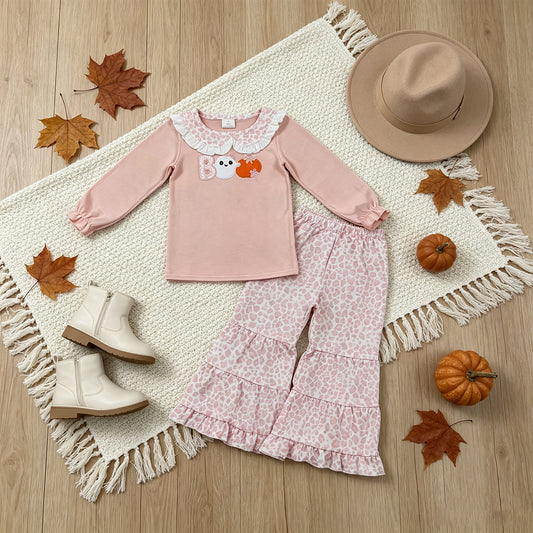 NEW RTS NO MOQ milk silk GLP3630 Embroidery Pumpkin Ghost BOO Baby Girls Top Leopard Bell Bottom Halloween Sets