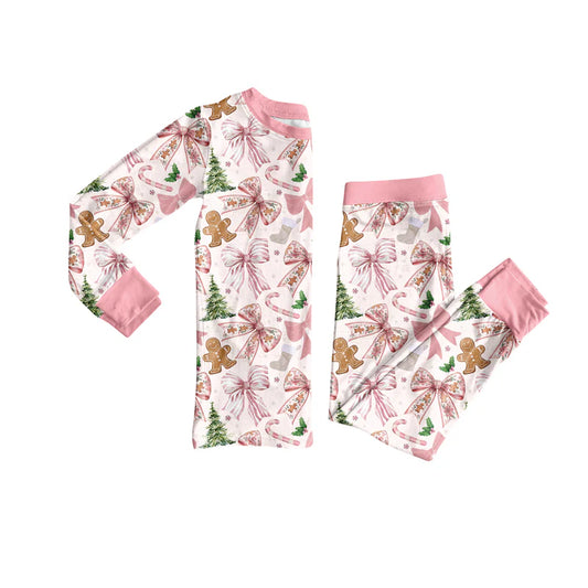 7.9Preorder (moq 5)Baby Girls Long Sleeves Pink Bows Gingerbread Top Pant Pajamas Clothes Set