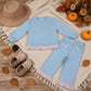 NEW RTS NO MOQ milk silk GLP3753 Baby Girls Blue Long Sleeve Top Pockets Ruffle Pant Clothes Set