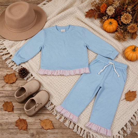 NEW RTS NO MOQ milk silk GLP3753 Baby Girls Blue Long Sleeve Top Pockets Ruffle Pant Clothes Set