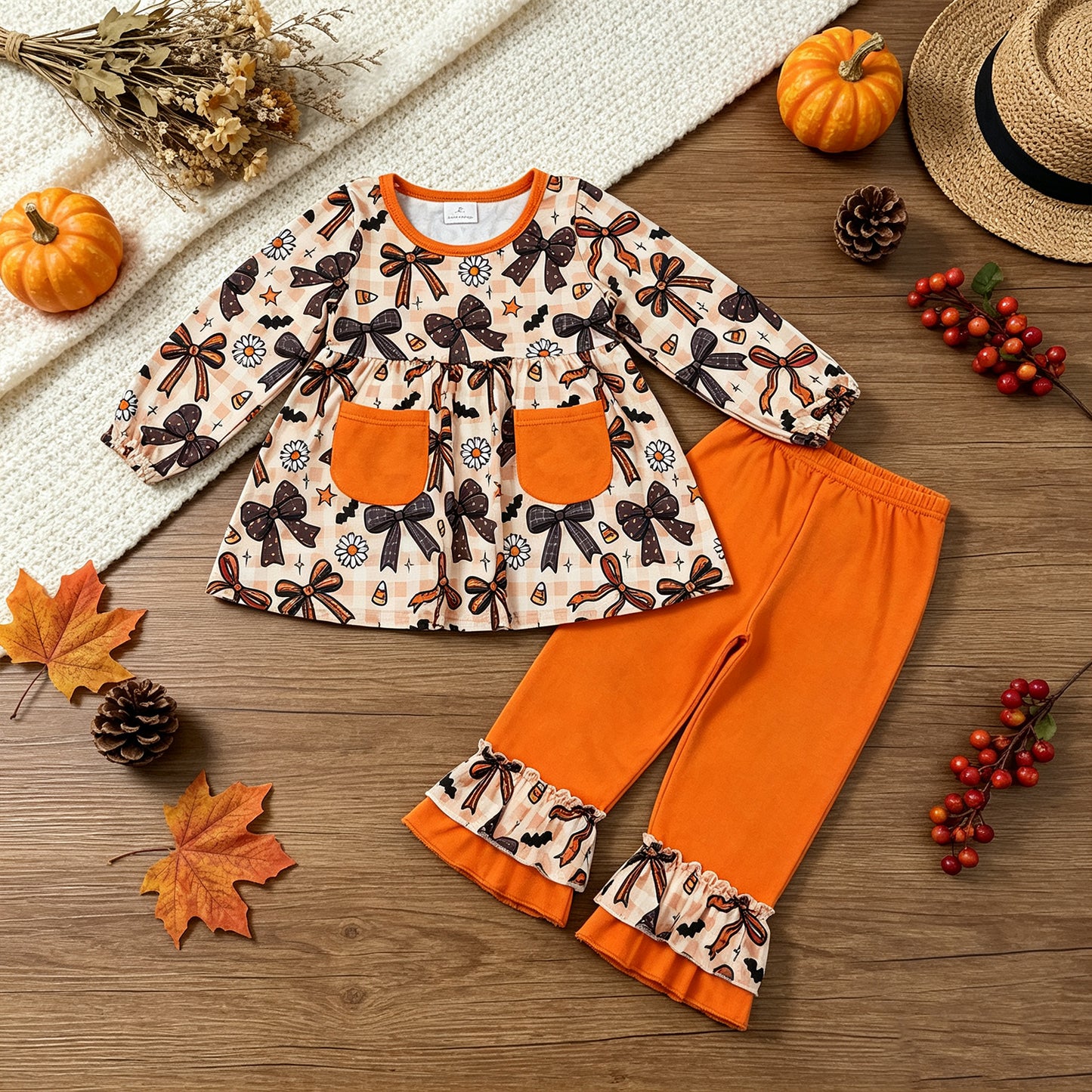 NEW RTS NO MOQ milk silk GLP3534 Baby Girls Bats Flowers Pockets Tunic Ruffle Pant Halloweens Clothes Sets