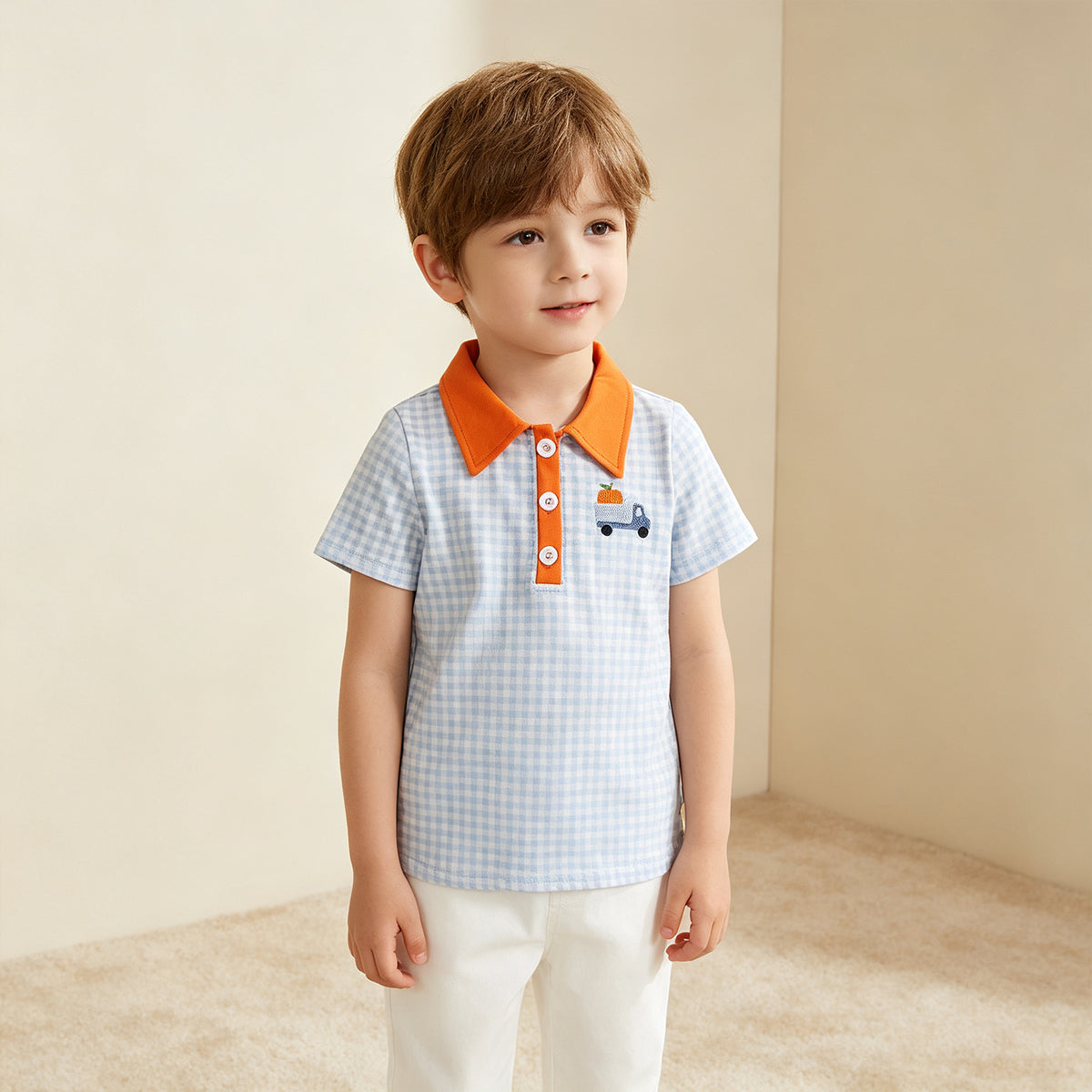 NEW RTS NO MOQ milk silk BT1890 Embroidery Pumpkin Baby Boys Blue Checked Truck Fall Button Polo Shirts Top