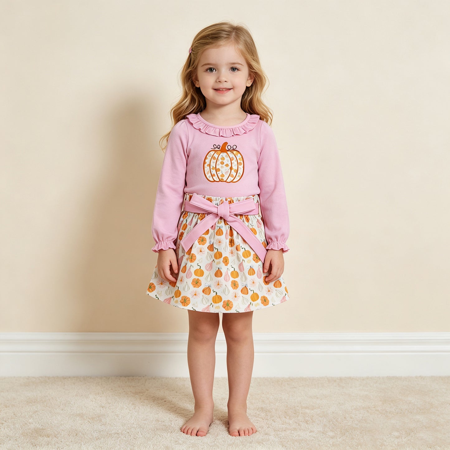 NEW RTS NO MOQ milk silk GLD1641 Embroidery Baby Girls Fall Pumpkin Long Sleeve Tunic Top Bow Short Skirt Set Fall Outfit