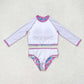 S0259 Flower pattern rose pink lace blue long-sleeved swimsuit set
