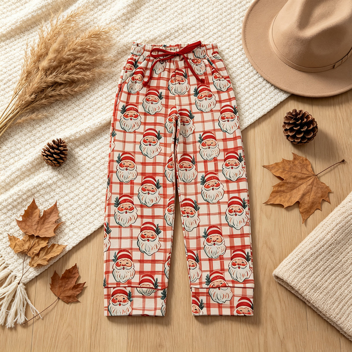 NEW RTS NO MOQ milk silk P1096 Adult Women Red Checked Santa Christmas Pockets Pants Bottom