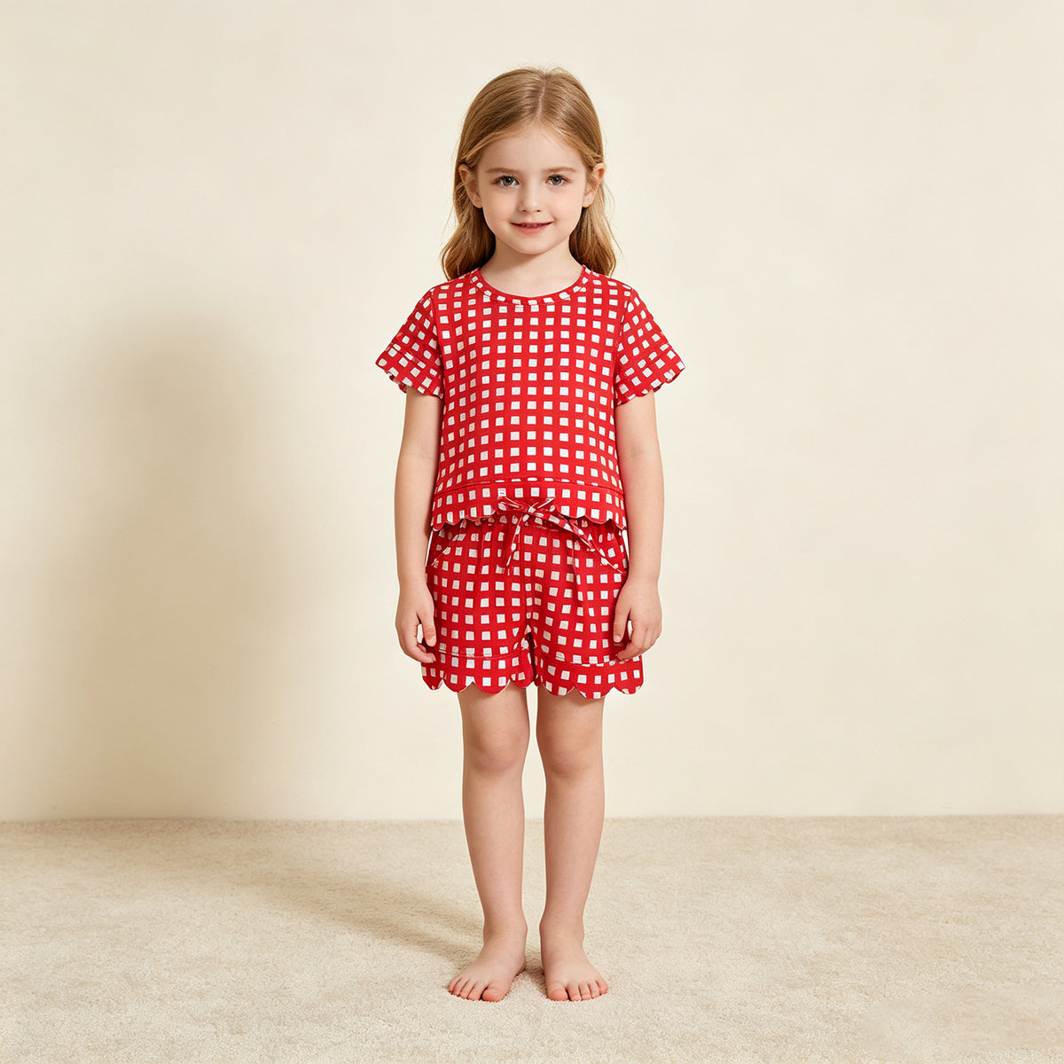 NEW RTS NO MOQ milk silk GSSO3838 Baby Girls Red Checked Shirt Top Pockets Short Scallop Clothes Set