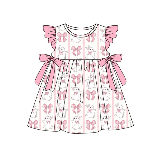 X11.17Preorder(moq 5) Baby Girls Pink Flutter Sleeve Bows Rabbits Stripe Easter Knee Length Dresses