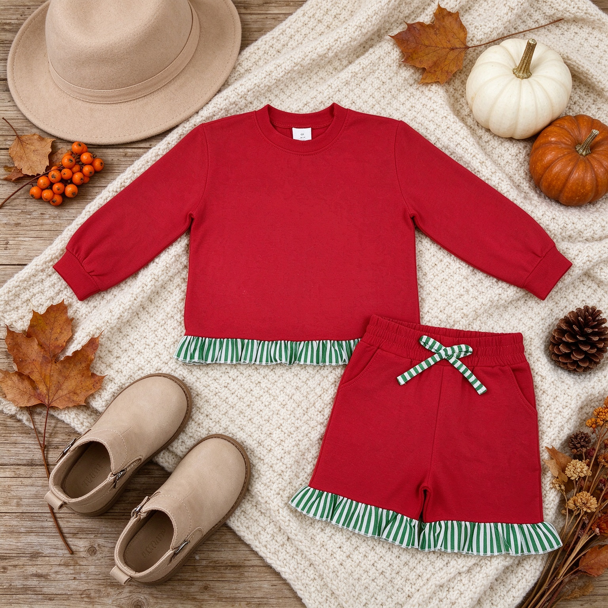 NEW RTS NO MOQ milk silk GLS0269（GT1935+SS0997）Baby Girls Red Green Stripe Shirts Elastic Waist Pockets Ruffle Short Clothes Set
