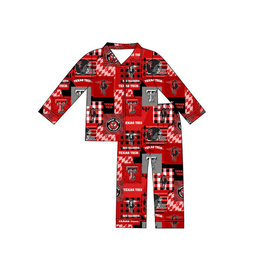 X902Preorder moq 5 Baby Boys Texas Tech Team Buttons Red Grey Top Pants Pajamas Clothes Sets