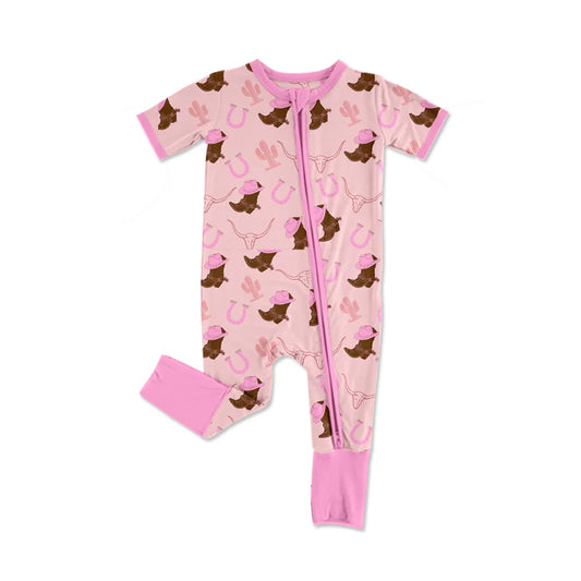 X1.15 Preorder (moq 5)Baby Girls Hat Boots Bull Skulls Western Two Way Zip Convertible Rompers