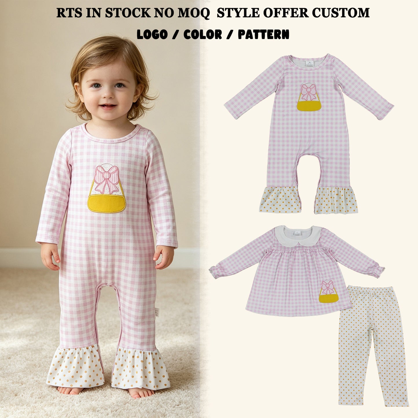 RTS NO MOQ Sibling milk silk Sibling Baby Girls Embroidery Bow Candy Pink Checked Thanksgivings Clothes Set Rompers