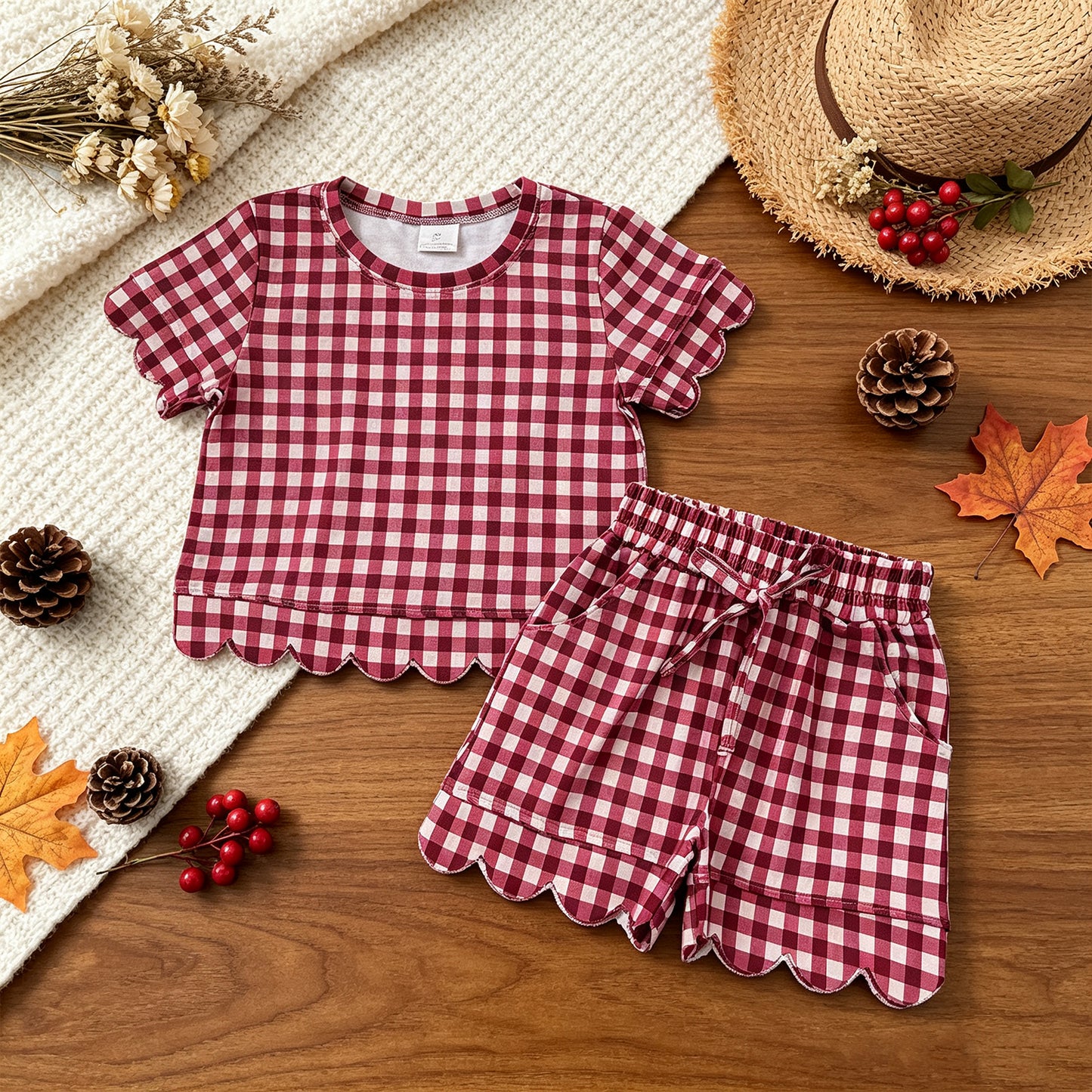 NEW RTS NO MOQ milk silk GSSO3836 Baby Girls Maroon Plaid Checked Short Sleeve Shirt Top And Scallop Hem Shorts Set