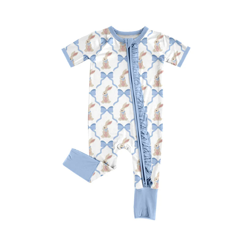 X12.16 Preorder (moq 5)Baby Girls Blue Bows Rabbits Easter Two Way Ruffle Zip Convertible Rompers