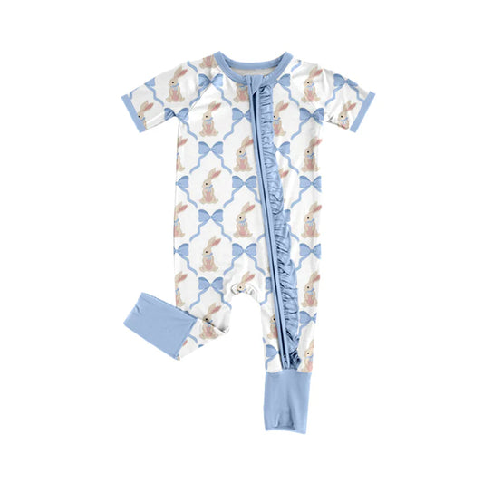 X12.16 Preorder (moq 5)Baby Girls Blue Bows Rabbits Easter Two Way Ruffle Zip Convertible Rompers