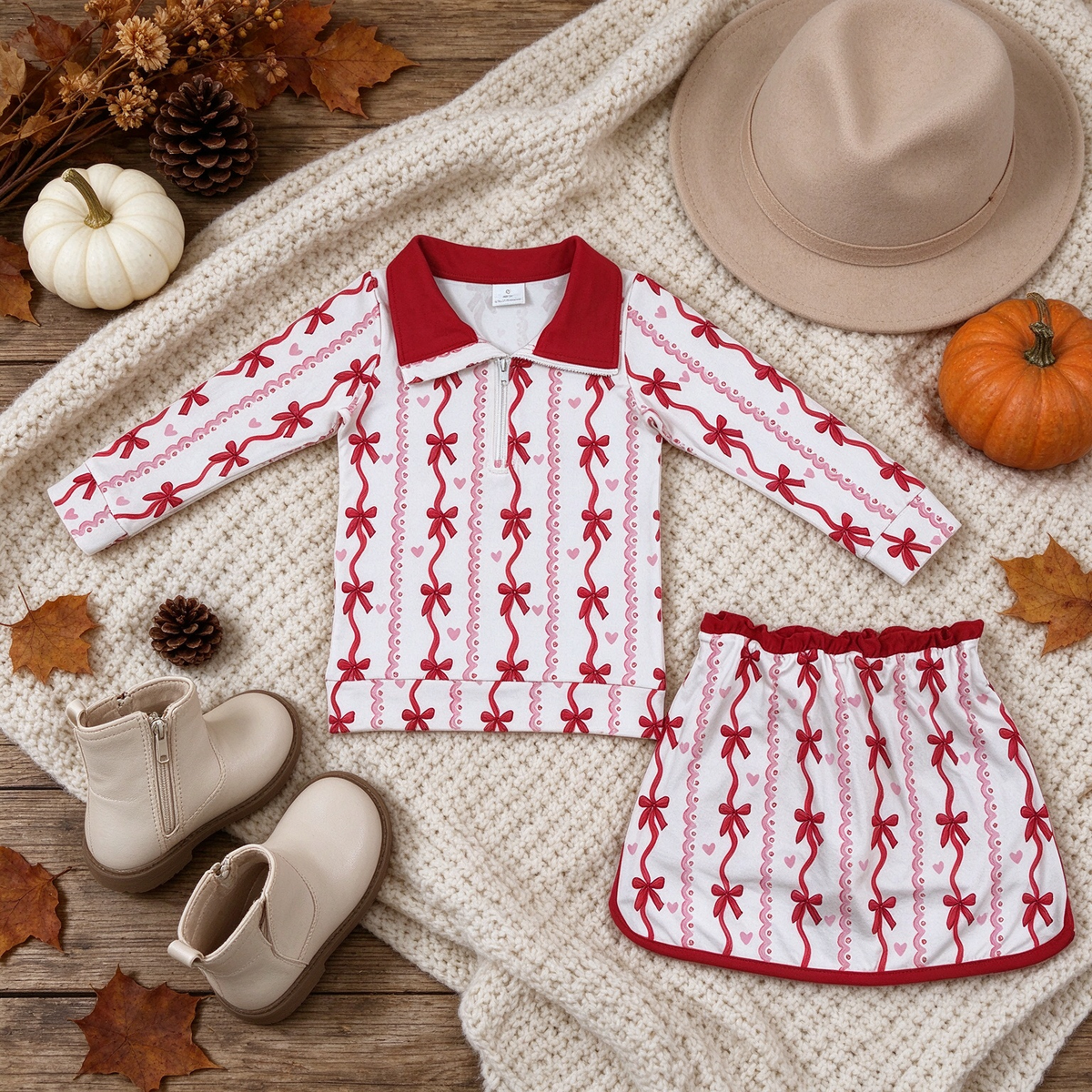 NEW RTS NO MOQ milk silk GLD1751 Baby Girls Bows Hearts Zip Pullover Skirt Short Valentines Clothes Set