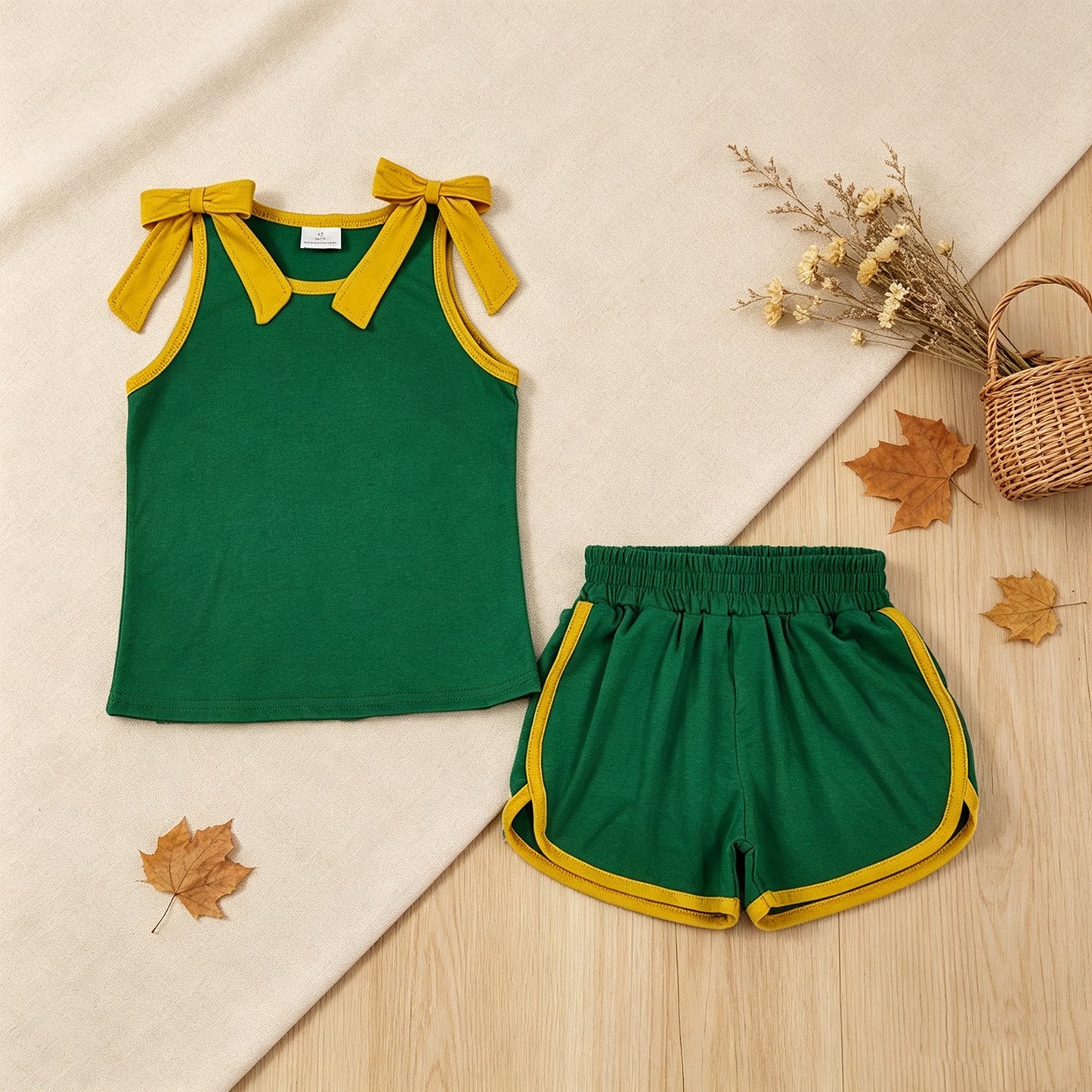 NEW RTS NO MOQ cotton GSSO3850 Baby Girls Green Gold Bows Sleeveless Vest Top Short Clothes Set