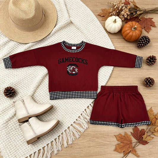NEW RTS NO MOQ Vinyl GLS0169 Baby Girls Vinyl Long Sleeve Top Pockets Short Team Clothes Set