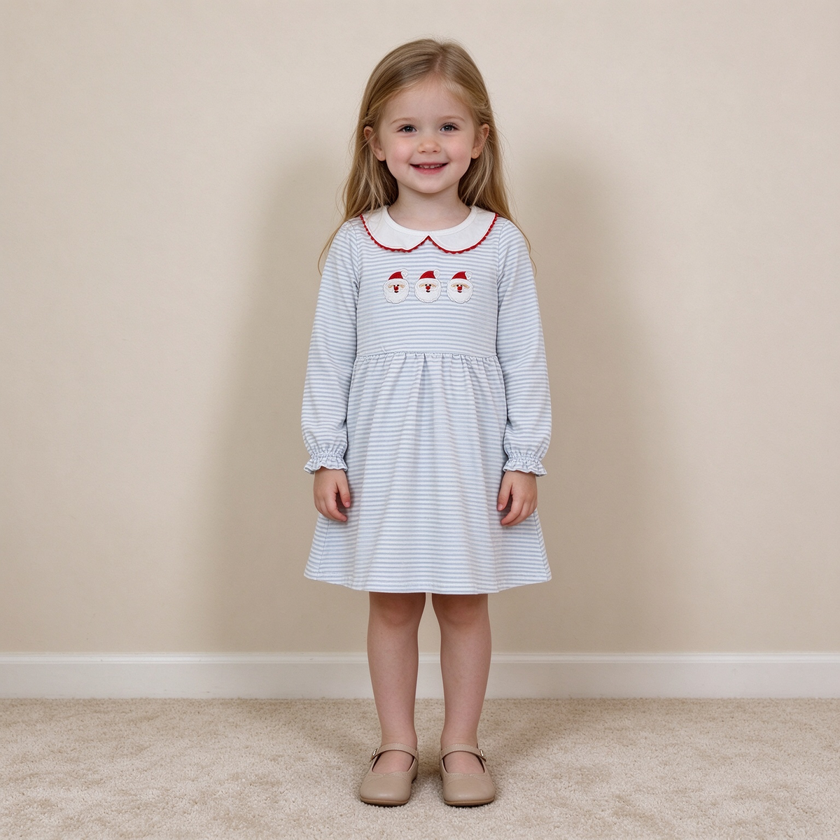 NEW RTS NO MOQ milk silk GLD1673 Embroidery Santa Baby Girls Blue Stripe Collar Christmas Knee Length Dress