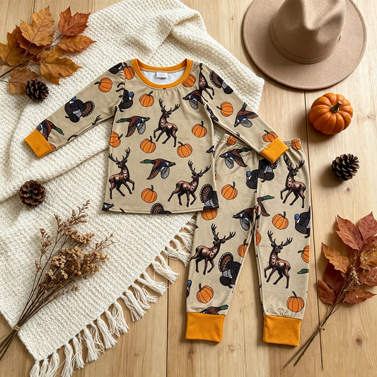 NEW RTS NO MOQ milk silk BLP1556 Baby Boys Pumpkins Ducks Turkey Top Pant Thanksgivings Pajamas Set