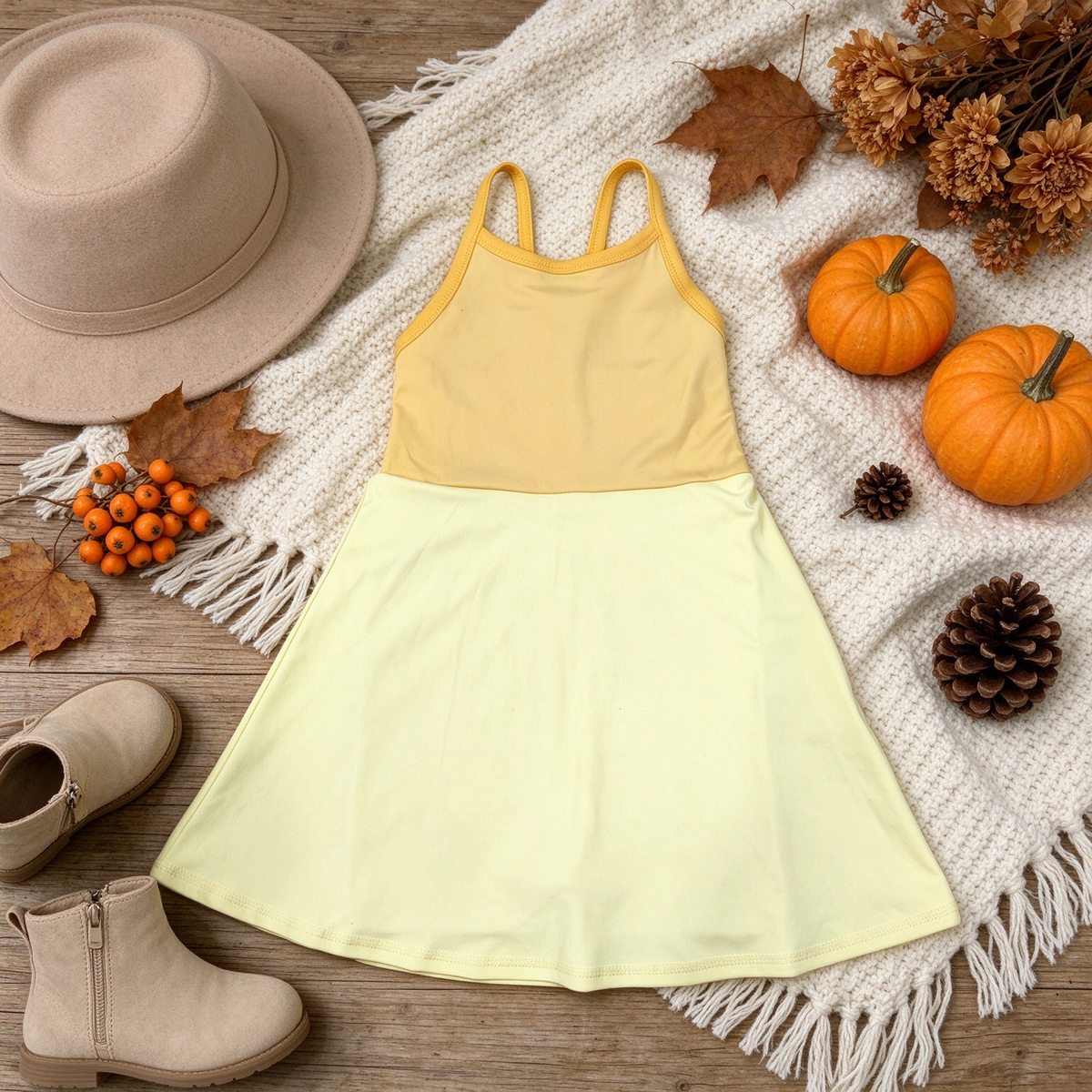 NEW RTS NO MOQ yoga fabric GSD3982 Baby Girls Yellow Strap Yoga Active Patchwork Knee Length Dress