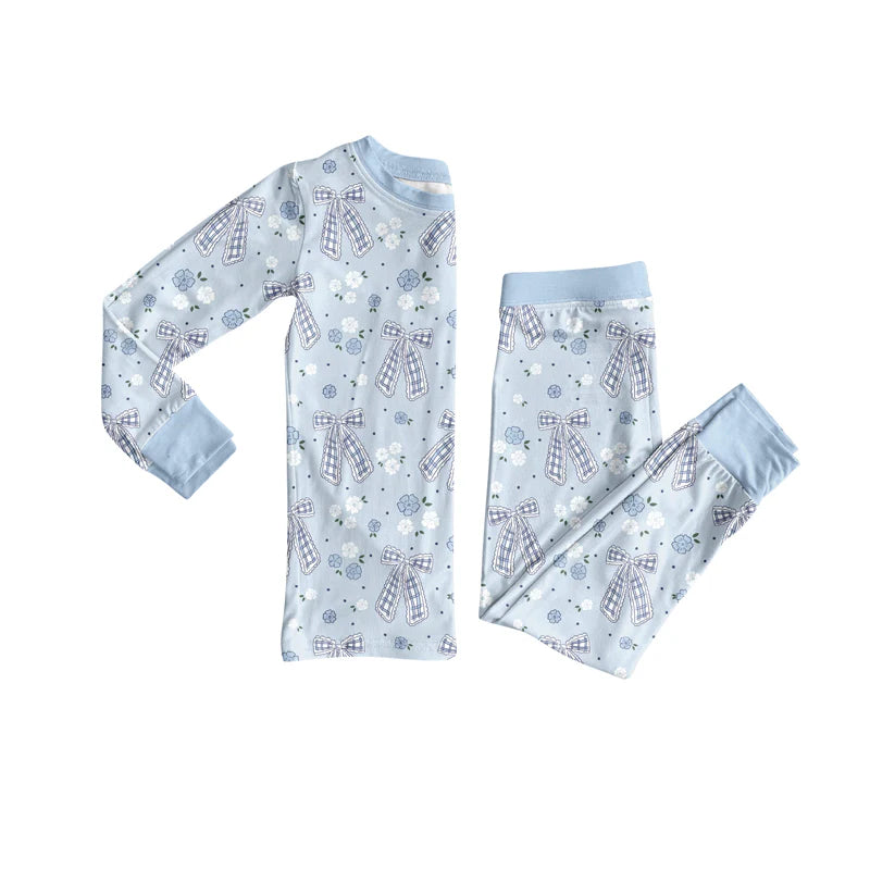 8.2Preorder (moq 5)Baby Girls Blue Bows Flowers Plaid Top Pant Pajamas Set