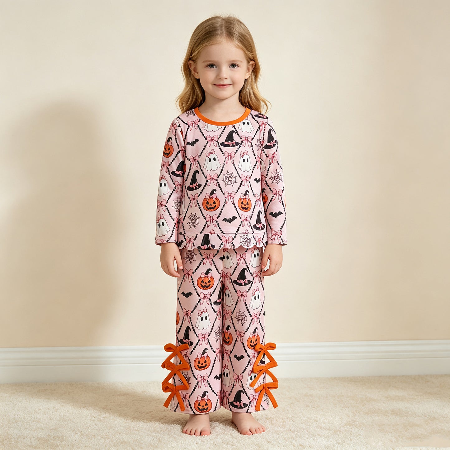 NEW RTS NO MOQ milk silk GLP3434 Baby Girls Ghost Pumpkins Scallop Top Bows Pants Halloween Clothes Set