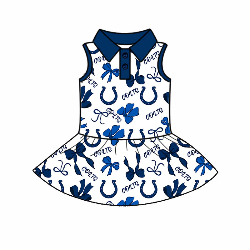 7.1Preorder (moq 5)Baby Girls Blue Sleeveless Bows Plaid Colts Button Team Knee Length Dresses