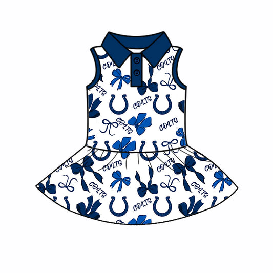 7.1Preorder (moq 5)Baby Girls Blue Sleeveless Bows Plaid Colts Button Team Knee Length Dresses
