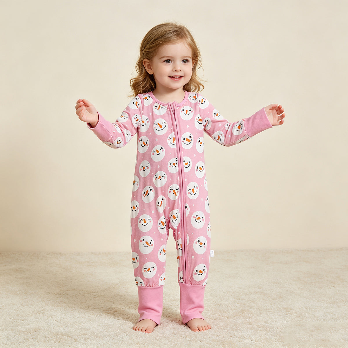 NEW RTS NO MOQ milk silk LR3165 Baby Girls Pink Snowmen Christmas Two Way Zip Convertible Rompers