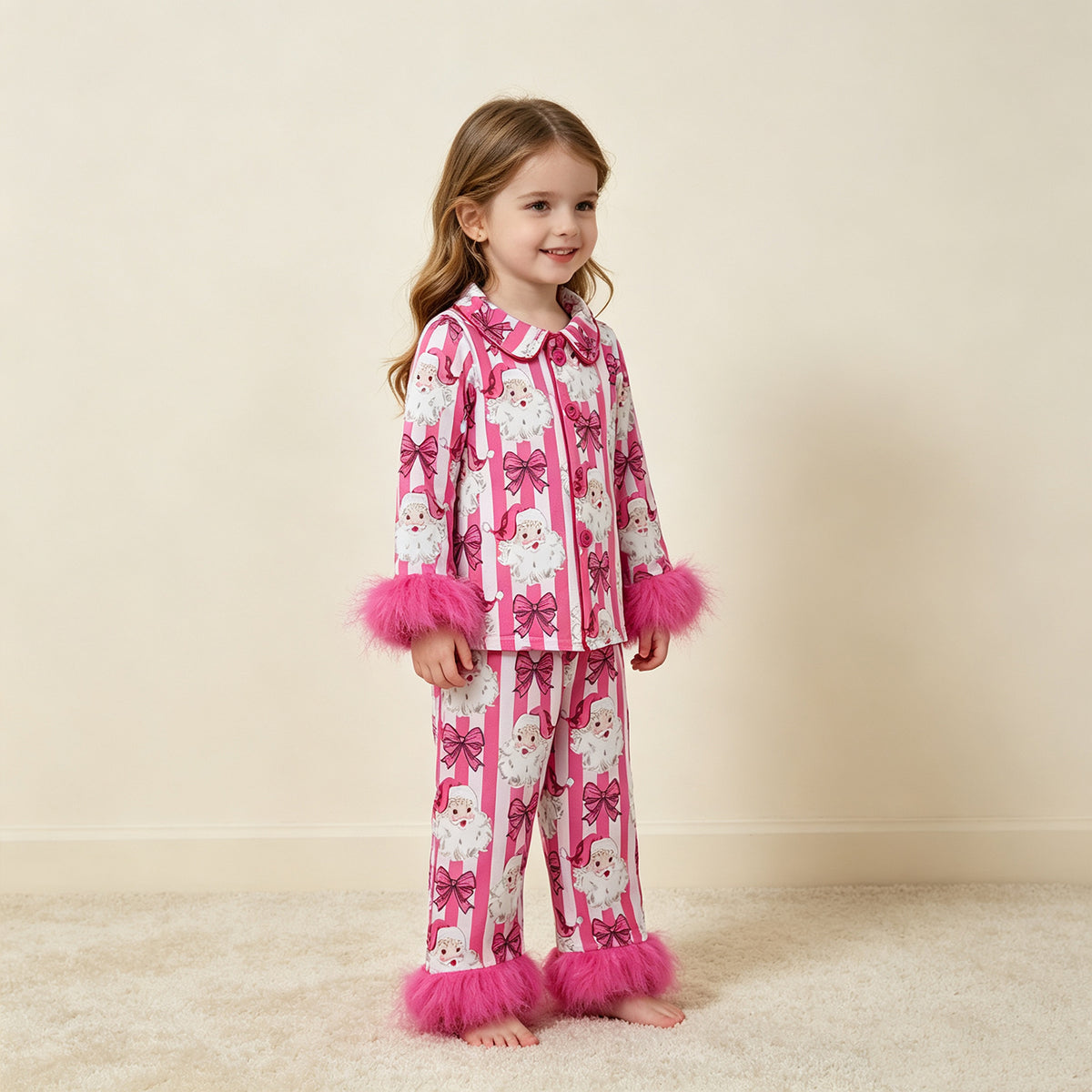 NEW RTS NO MOQ milk silk GLP3478 Baby Girls Pink Stripe Bows Santa Button Top Pant Christmas Fur Sleeves Pajamas Set